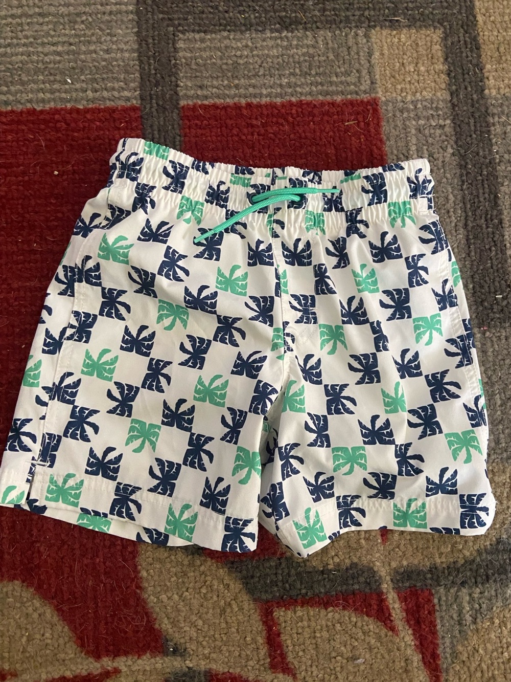 Old Navy White Swim Trunks with Navy and Teal Leaf Print